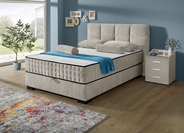 Boxspringbetten - Boxspringbett mit BK, in Farbe SAND, in Ausführung Kopfteil mit Rechtecksteppung Ansicht 1