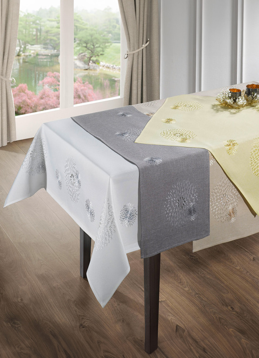 Tafellakens - Tafel- en kamerdecoratie met uitgebreid borduurwerk, in Größe 135 (2 placemats, 30/45 cm) bis 404 (Kussensloop, 40/40 cm), in Farbe WIT