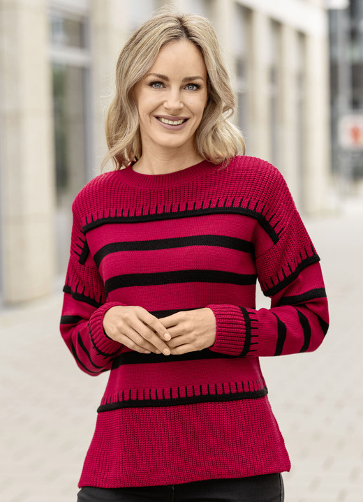Lange mouw - Trui met strepen Lange mouw - Trui met strepen, in Größe L(44/46) bis XS (32/34), in Farbe ROOD-ZWART
