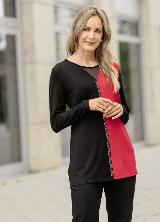 Lange mouw - Lang shirt met zilverkleurige plaatversiering Lange mouw - Lang shirt met zilverkleurige plaatversiering, in Größe 040 bis 054, in Farbe SCHWARZ-ROT