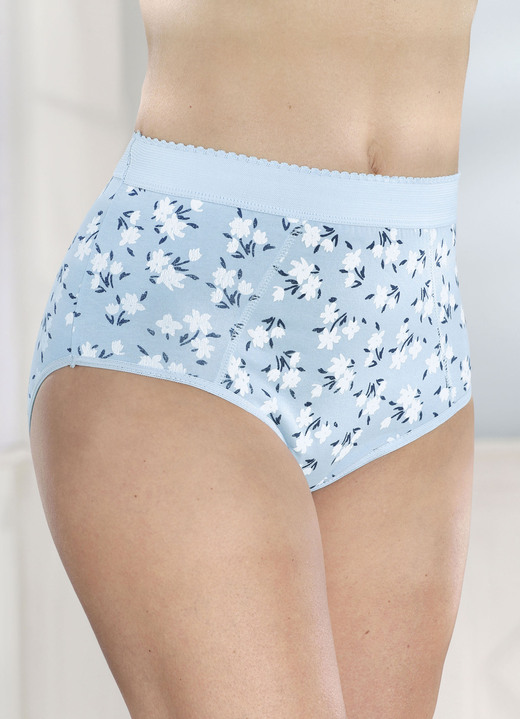 Slips - Set van vijf slips met verstevigd buikgedeelte, in Größe 038 bis 056, in Farbe HELLBLAU-WEISS-MARINE