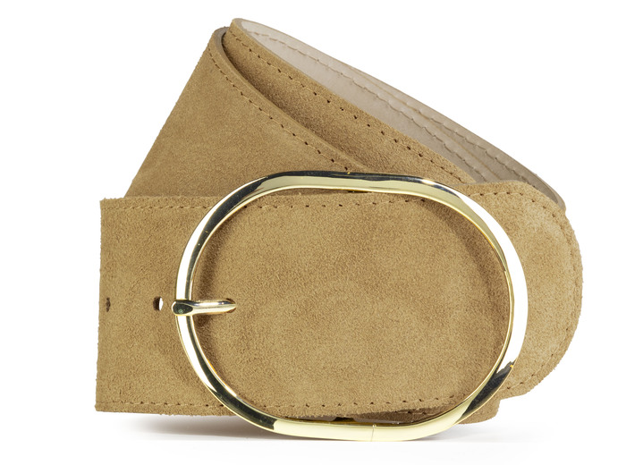Riemen - Suède riem, in Größe 085 bis 115, in Farbe COGNAC