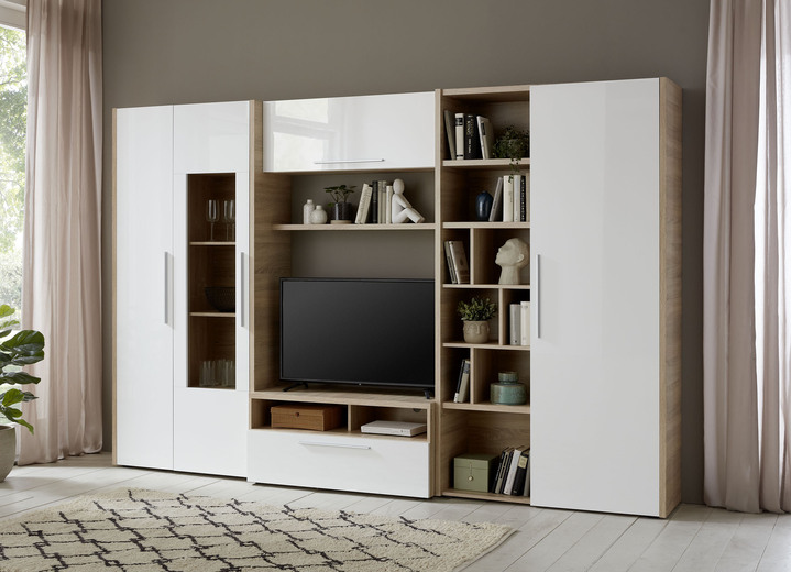 Moderne meubels - Moderne wandkast, in Farbe EICHE SONOMA - WEISS HOCHGLANZ Ansicht 1