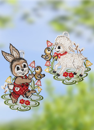 Raamdecoratie met Plauen kant, set van 2