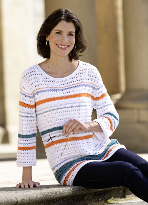 Truien - Trui met gehaakte look Truien - Trui met gehaakte look, in Größe L(44/46) bis XS (32/34), in Farbe WIT-ORANJE-VEELKLEURIG
