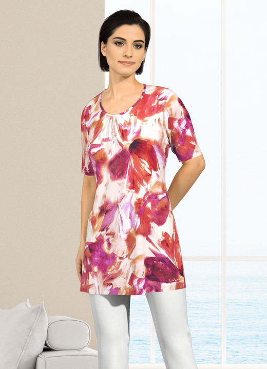 Korte mouw - Lang shirt met subtiele ruches aan de voorkant Korte mouw - Lang shirt met subtiele ruches aan de voorkant, in Größe 040 bis 056, in Farbe PINK-ORANGE