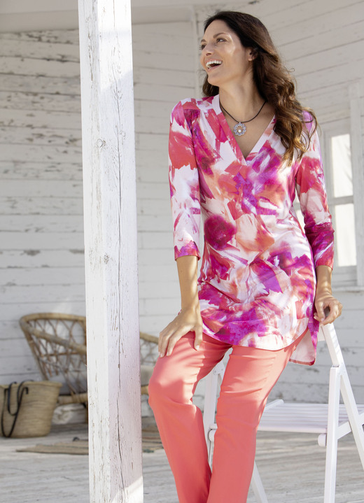 Blouses & tunieken - Overhemdtuniek Blouses & tunieken - Overhemdtuniek, in Größe L 44/46) bis XXL (52/54), in Farbe KORALLE-PINK-WEISS-BUNT