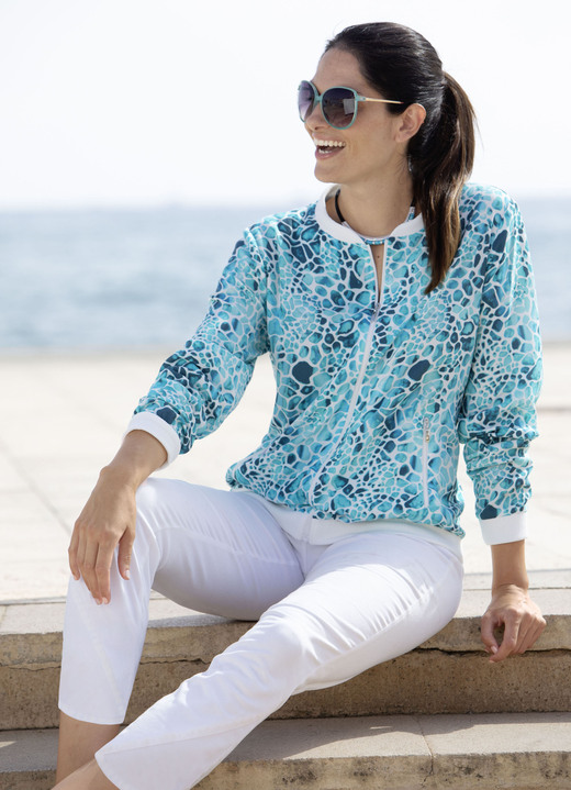 Blusen - Blusenjacke, in Größe 036 bis 052, in Farbe TÜRKIS-WEISS-AQUA-BUNT Ansicht 1