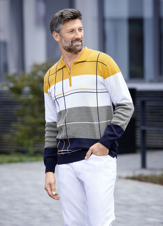 Gemustert - Polopullover, in Größe 046 bis 062, in Farbe GELB-HELLGRAU-ANTHRAZIT