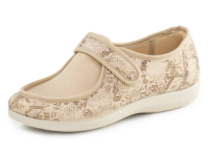 Huisschoenen - ELENA EDEN pantoffels gemaakt van gedeeltelijk glanzend bedrukt textielmateriaal, in Größe 036 bis 042, in Farbe BEIGE Ansicht 1
