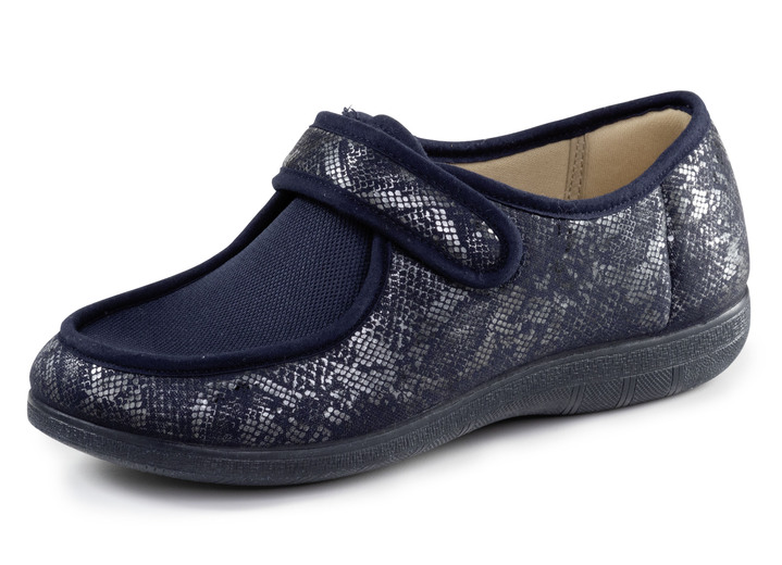 Huisschoenen - ELENA EDEN pantoffels gemaakt van gedeeltelijk glanzend bedrukt textielmateriaal, in Größe 036 bis 042, in Farbe BLAU Ansicht 1