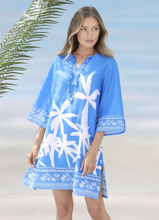 Strandjurken - Tuniek met palmprint, puur katoen, in Größe 036 bis 056, in Farbe BLAU-WEISS Ansicht 1