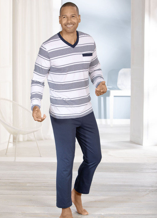 Pyjama's - Set van twee pyjama's met V-hals en open zomen, in Größe 046 bis 062, in Farbe 1X MARINE-WEISS, 1X WEISS-MARINE Ansicht 1