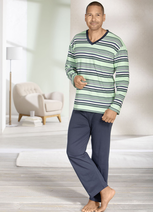Pyjama's - Set van twee pyjama's met V-hals, in Größe 046 bis 062, in Farbe 1X HELLGRÜN-MARINE-BUNT, 1X HELLBLAU-MARINE-BUNT Ansicht 1