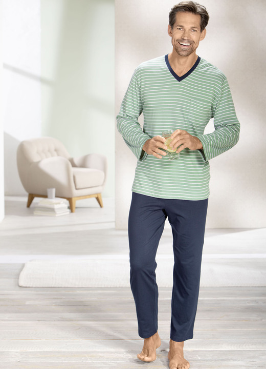 Pyjama's - Pyjama met V-hals en open uiteinden, in Größe 046 bis 062, in Farbe GROEN-WIT-MARINEBLAUW Ansicht 1