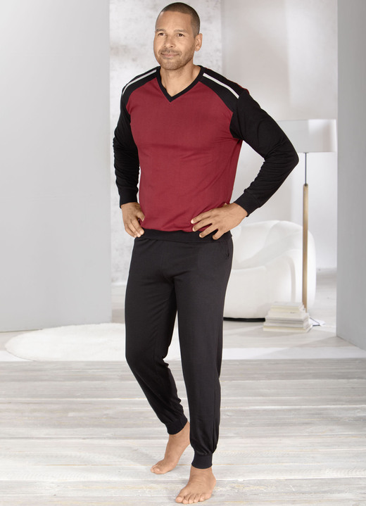 Pyjama's - Set van twee pyjama's met V-hals en manchetten, in Größe 046 bis 062, in Farbe 1X BORDEAUX-SCHWARZ, 1X TÜRKIS-MARINE Ansicht 1