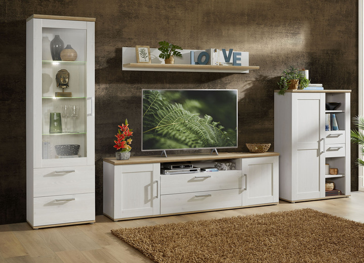 Wohnwände - Wohnwand,4-tlg.,LED-Bel., in Farbe WEISS-EICHE Ansicht 1