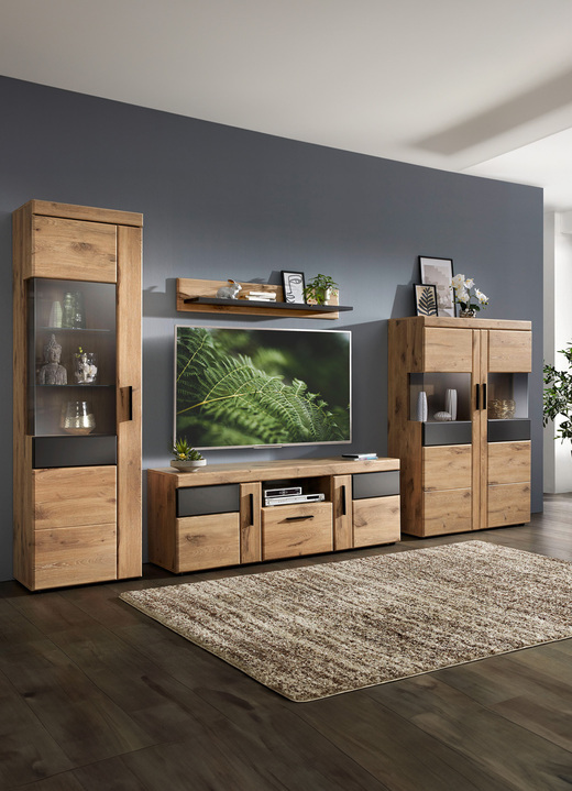 Wohnwände - Wohnwand, 4-tlg., Vit.links, in Farbe EICHE-ANTHRAZIT, in Ausführung Wohnwand Vitrine/Türanschlag links Ansicht 1
