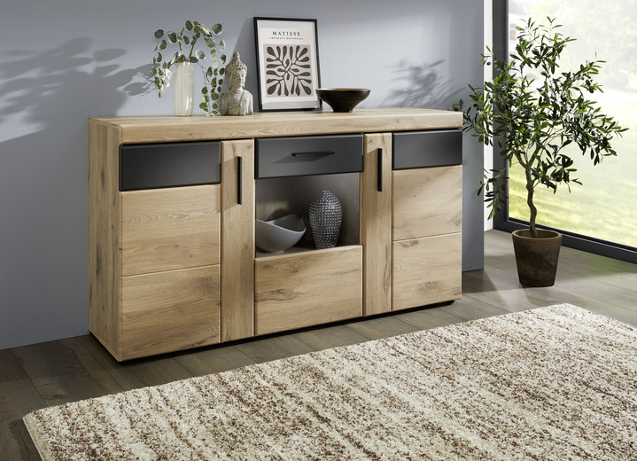 Commodes - Ladekast met antracietkleurige elementen, in Farbe EIKEN-ANTRACIET, in Ausführung Kommode, 3-türig mit Glasfront Ansicht 1