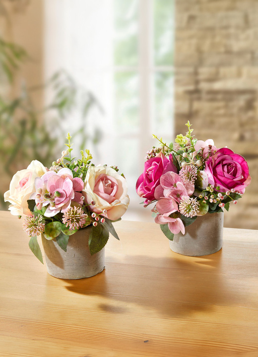 Kunst- & Textilpflanzen - Rosen/Hortensien-Gesteck, 2er-Set, in Farbe ROSA-PINK