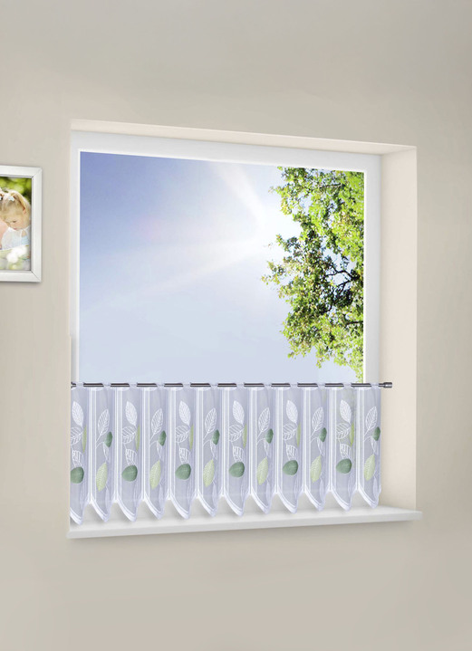 Kurzgardinen - Kurzstore mit gebogtem Abschluss, in Größe 788 (H45xB105 cm) bis 859 (H60xB135 cm), in Farbe WEISS-GRÜN Ansicht 1