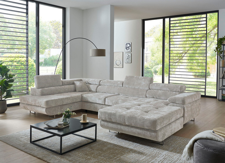 Polsterecken - Wohnlandschaft m. Funktion, in Farbe CREME, in Ausführung Ottomane links, Longchair rechts Ansicht 1