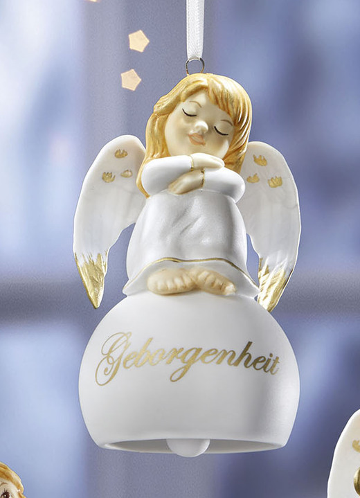 Goebel-Figuren - Glöckchen-Aufhänger mit Engel, in Farbe WEISS-GOLD, in Ausführung Engel schlafend Ansicht 1