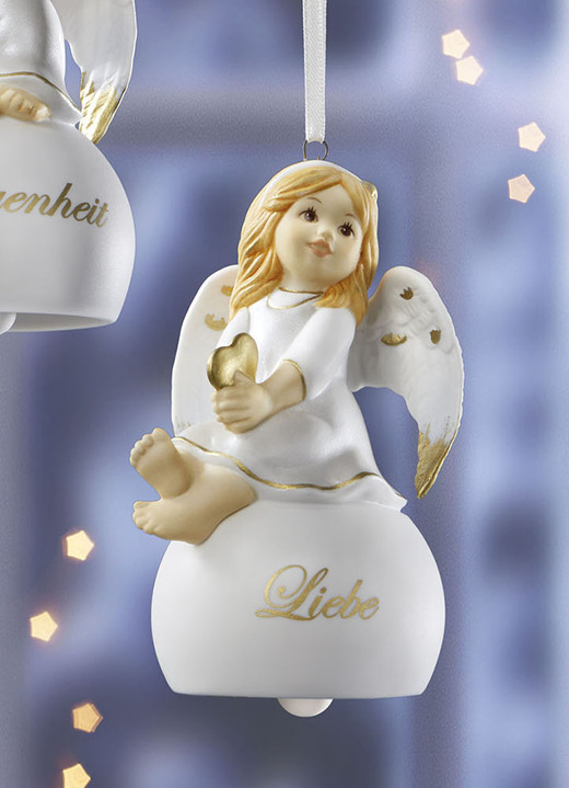 Goebel-Figuren - Glöckchen-Aufhänger mit Engel, in Farbe WEISS-GOLD, in Ausführung Engel mit Herz Ansicht 1