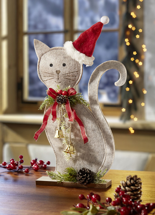 Kerstdecoraties - Viltkat op houten voet, in Farbe GRAU-ROT-GRÜN