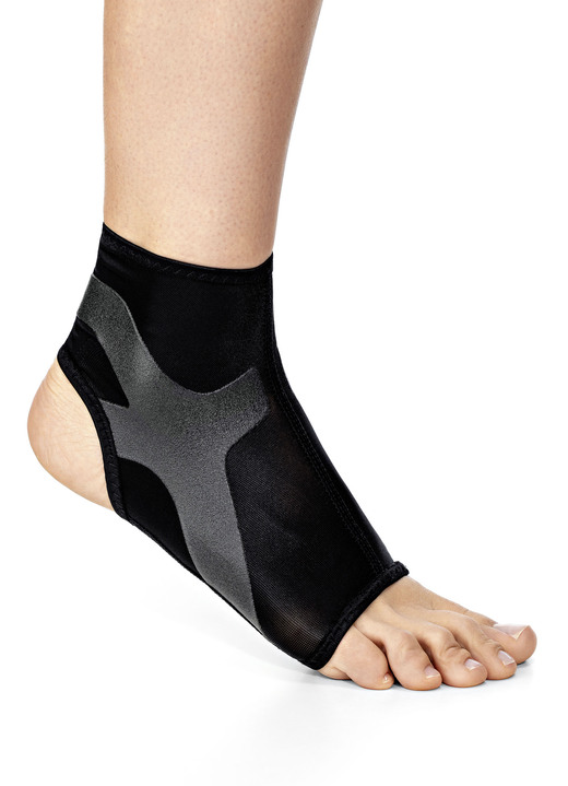 Bandages - Enkelondersteuning met geïntegreerde tapes, in Größe L (24-29 cm) bis S (17-22 cm), in Farbe SCHWARZ-GRAU, in Ausführung Enkelgewricht links