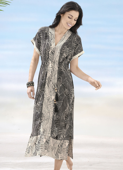 Strandjurken - Laurina-jurk van viscose met kanten rand, in Größe 034 bis 054, in Farbe SCHWARZ-ECRU