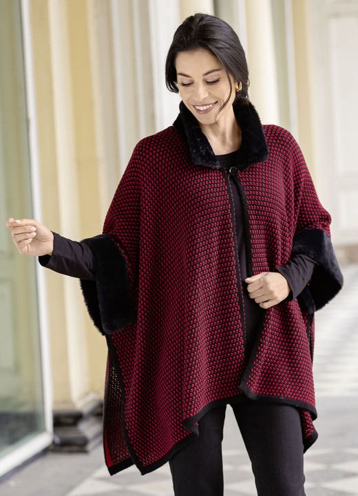 Ponchos - Poncho met imitatiebontrand, in Größe 1 (36-42) bis 3 (50-54), in Farbe SCHWARZ-ROT Ansicht 1