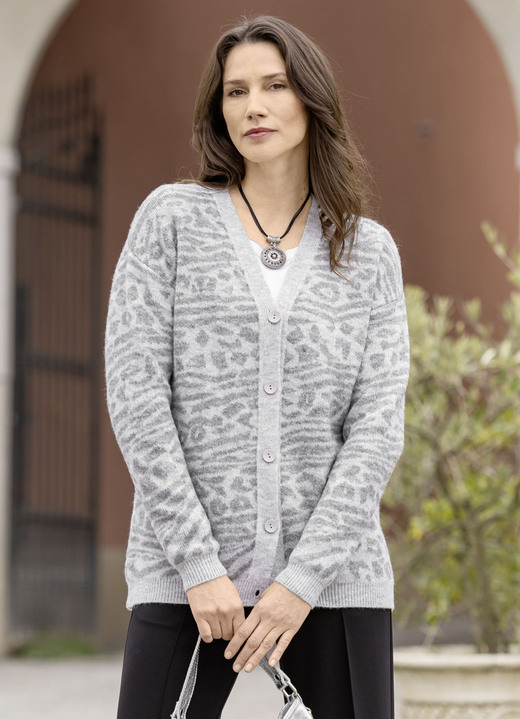 Gebreide jasjes - Cardigan met dierenprint Gebreide jasjes - Cardigan met dierenprint, in Größe 036 bis 052, in Farbe GRAU-HELLGRAU