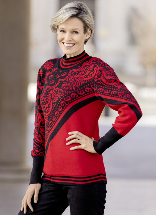 Lange mouw - Trui in jacquardmotief Lange mouw - Trui in jacquardmotief, in Größe 036 bis 052, in Farbe ROT-SCHWARZ