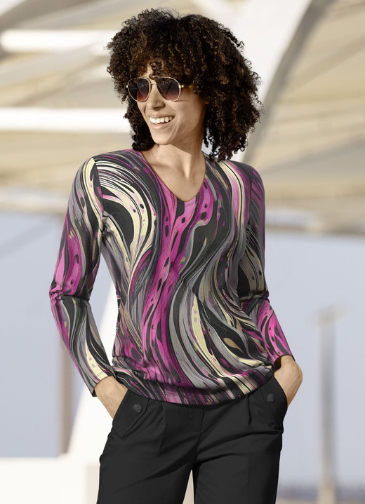 Pullover & breimode - Fijn gebreide trui, in Größe 038 bis 054, in Farbe ZWART-BEIGE-MAGENTA Ansicht 1