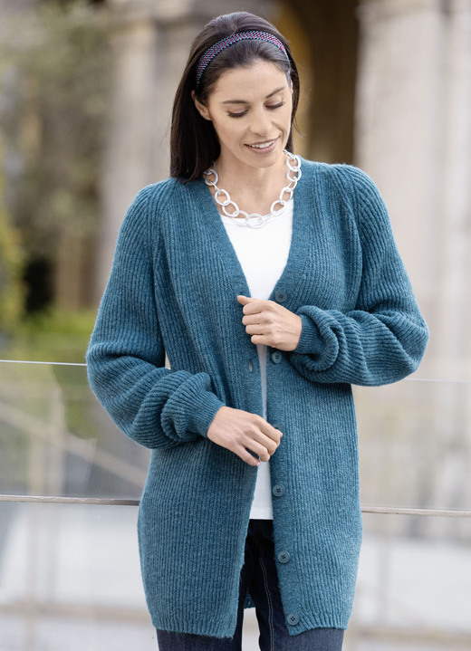 Basics - Long-Strickjacke Basics - Long-Strickjacke, in Größe 038 bis 054, in Farbe PETROL MELIERT