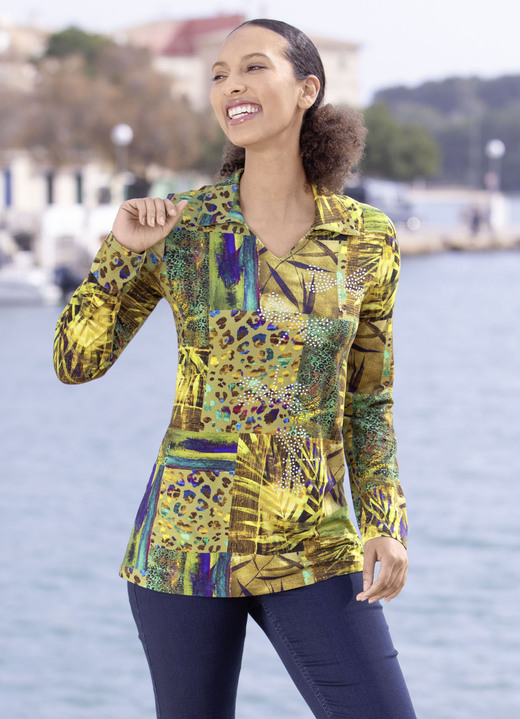 Lange mouw - Poloshirt met schitterende kleurenprint Lange mouw - Poloshirt met schitterende kleurenprint, in Größe 038 bis 054, in Farbe KIWI GROEN-OLIJF-BLAUW