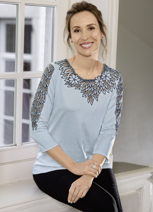 3/4-mouw - Shirt met rijkelijk versierde tule in 3 kleuren, in Größe 036 bis 052, in Farbe BLAUW Ansicht 1