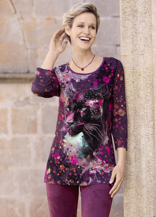 3/4-mouw - Shirt met strass-versiering op de voorkant 3/4-mouw - Shirt met strass-versiering op de voorkant, in Größe 038 bis 054, in Farbe PAARS-ROZE-ZWART