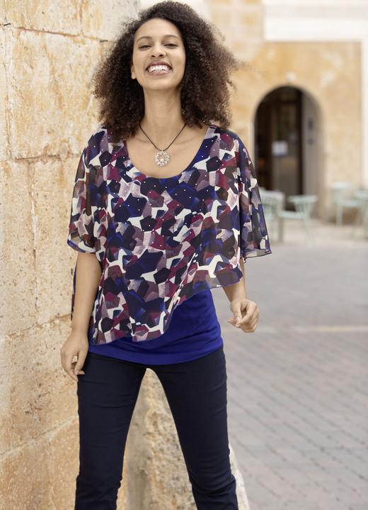 Tunieken - Poncho tuniek met leuke print, in Größe 036 bis 054, in Farbe ROYALBLAU-MARINE-BORDEAUX-BUNT Ansicht 1