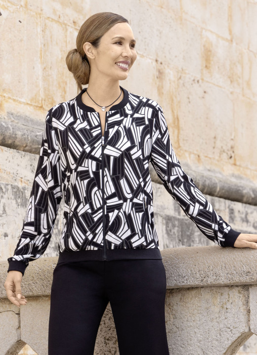 Blouses - Blousejasje met zwarte geribbelde manchetten Blouses - Blousejasje met zwarte geribbelde manchetten, in Größe 036 bis 052, in Farbe SCHWARZ-WEISS-GRAU