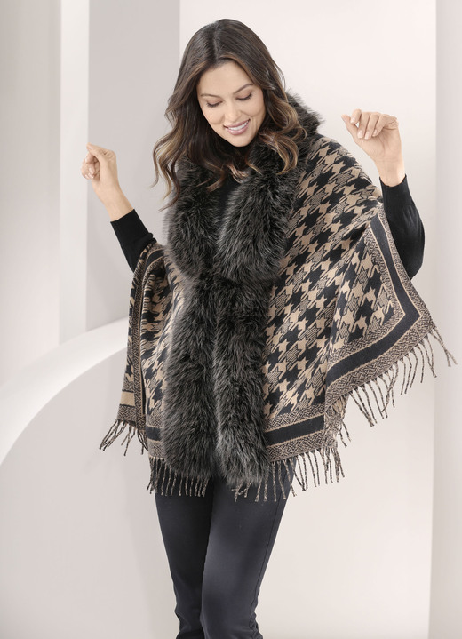 Kort - Poncho met trendy pied-de-poulemotief Kort - Poncho met trendy pied-de-poulemotief, in Farbe CAMEL-SCHWARZ