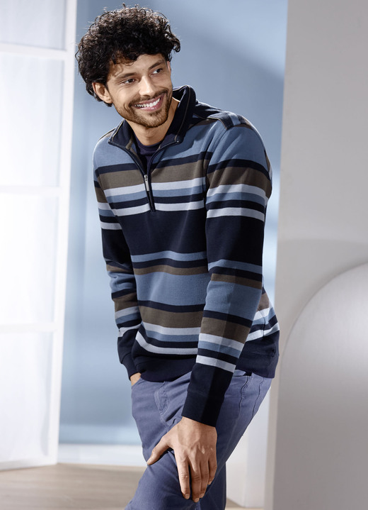 Sweatshirts - Troyer met korte rits Sweatshirts - Troyer met korte rits, in Größe 3XL (64/66) bis XXL (60/62), in Farbe MARINE-JEANSBLAU GESTREIFT