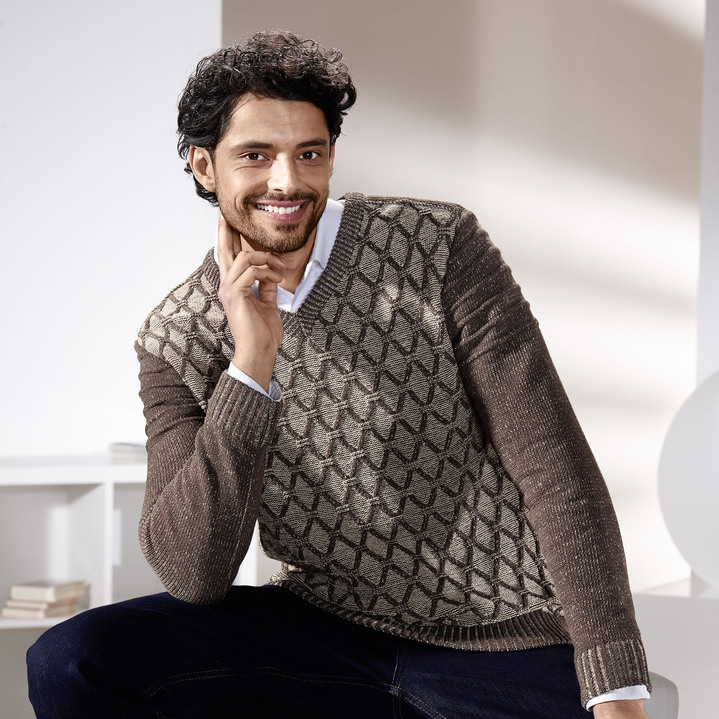 Gemustert - Melierter V-Pullover Gemustert - Melierter V-Pullover, in Größe 046 bis 062, in Farbe BEIGE-BRAUN MELIERT