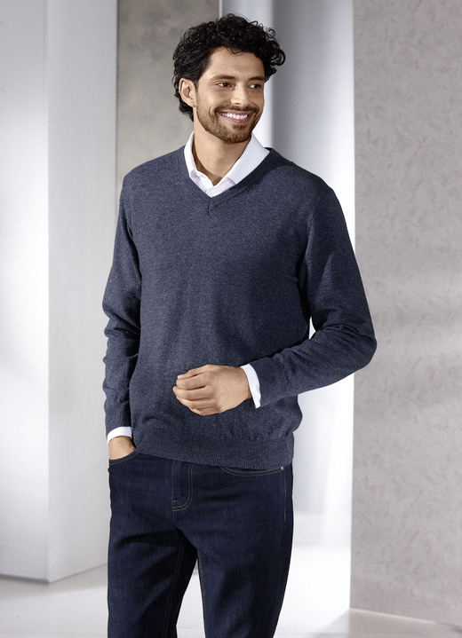 Uni - V-Pullover, in Größe L(52/54) bis XL(56/58), in Farbe DUNKELBLAU MELIERT Ansicht 1