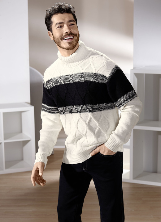 Gemustert - Rollkragenpullover Gemustert - Rollkragenpullover, in Größe 046 bis 062, in Farbe NATUR-SCHWARZ