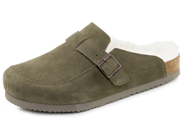 Huisschoenen - Gevoerde herenklompen met lamsvacht, in Größe 041 bis 047, in Farbe OLIV Ansicht 1