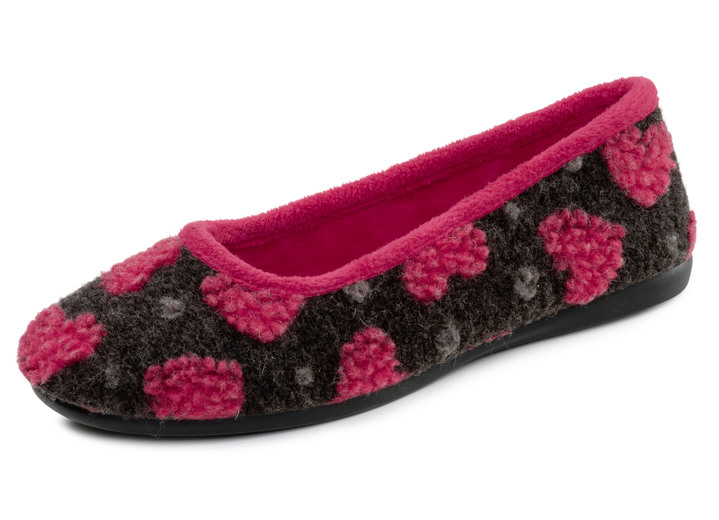 Huisschoenen - Laurina, stijlvolle damesballerina's met hartmotief, in Größe 036 bis 042, in Farbe ANTRACIET-ROOD Ansicht 1