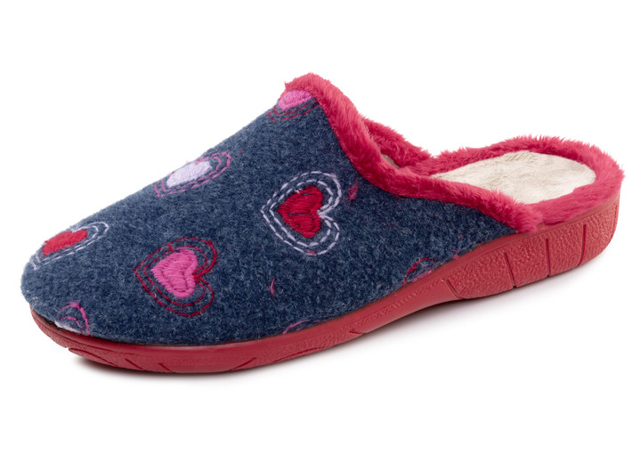 Huisschoenen - Laurina, warme damespantoffels, met pluche, in Größe 036 bis 041, in Farbe BLAUW-ROOD Ansicht 1
