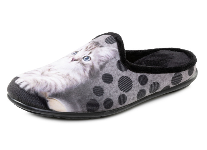 Huisschoenen - Laurina, klassieke damespantoffels, met kattenmotief, in Größe 036 bis 042, in Farbe ZWART-MULTICOLOR Ansicht 1